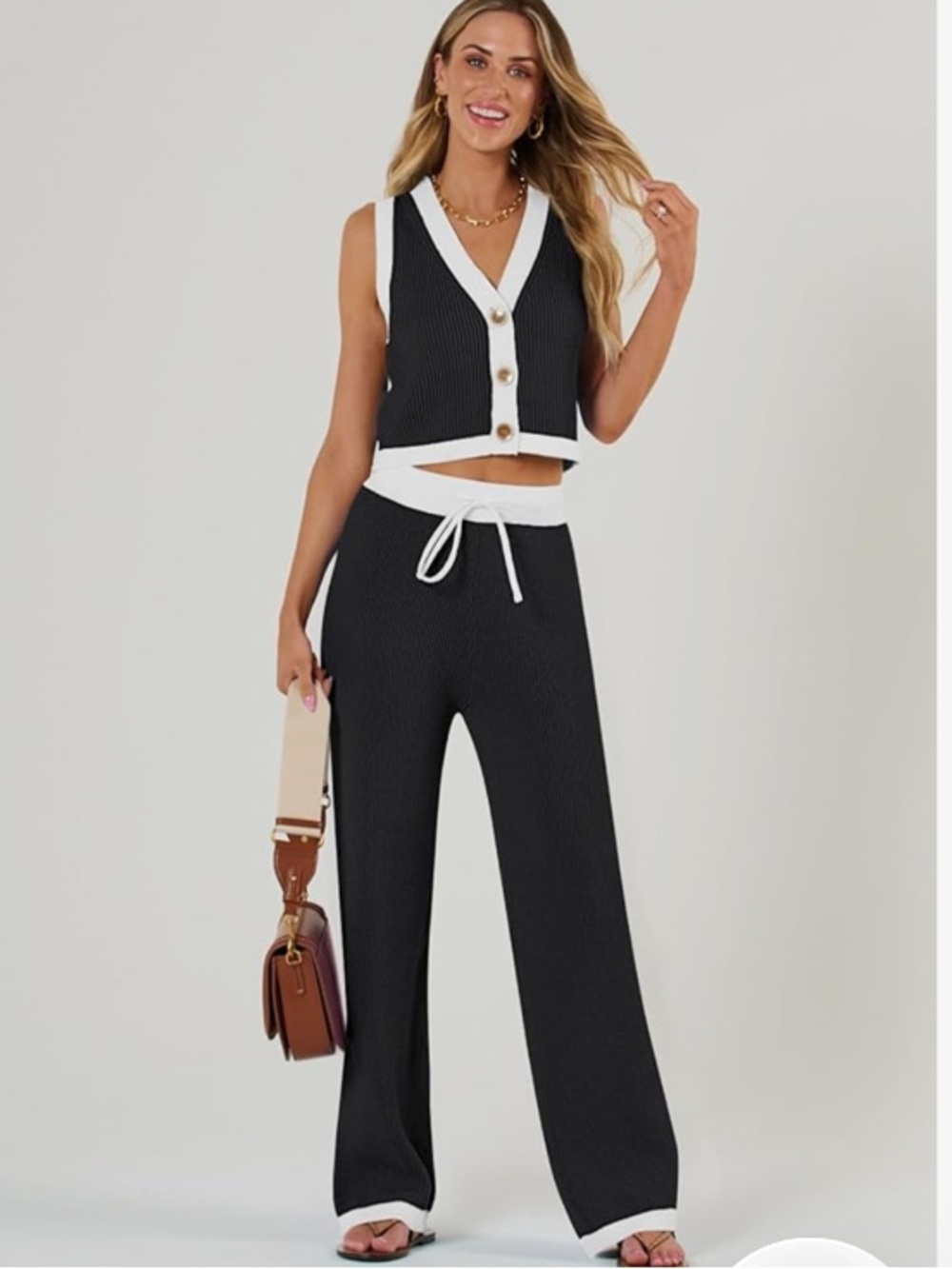 Black Two-Piece Ribbed Knit Vest and Wide-Leg Pants